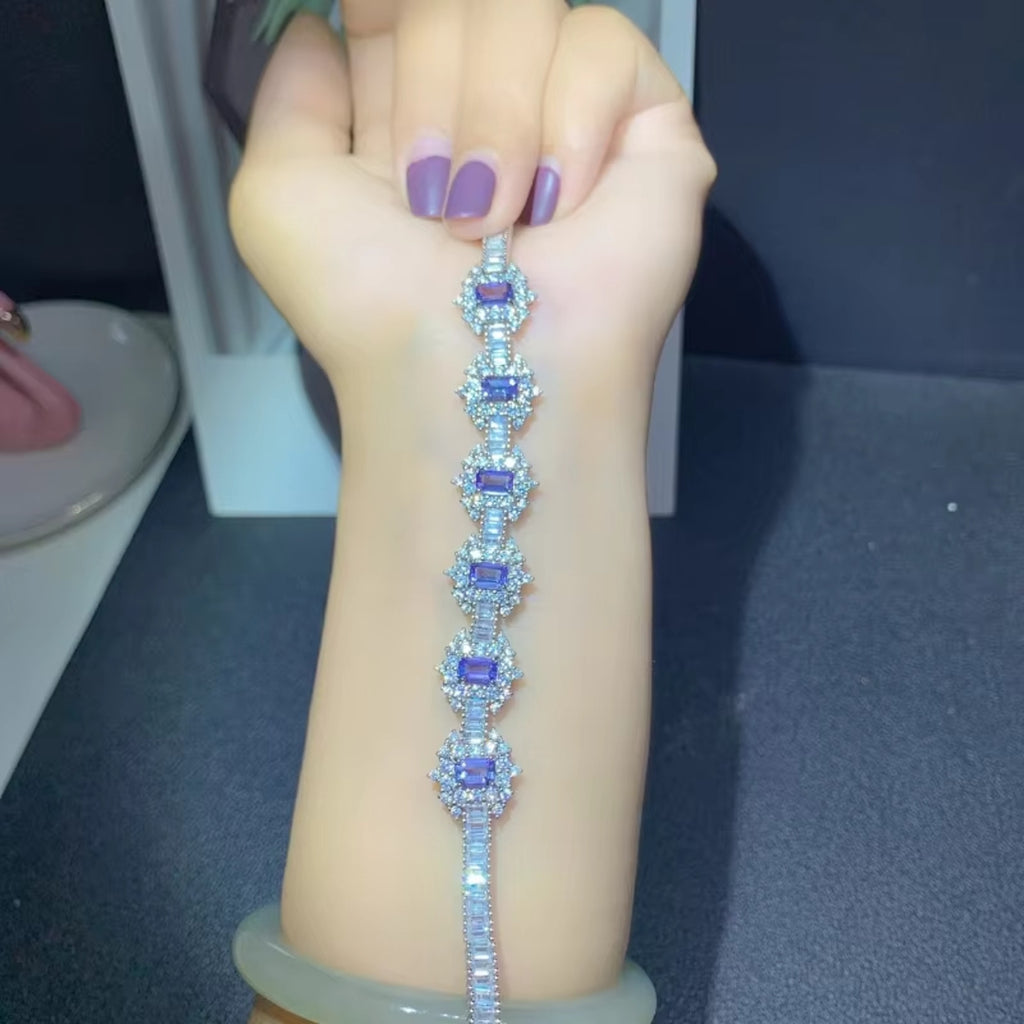 Tanzanite Tennis Bracelet 925 Sterling Silver, Emerald Cut Tanzanite Bracelet