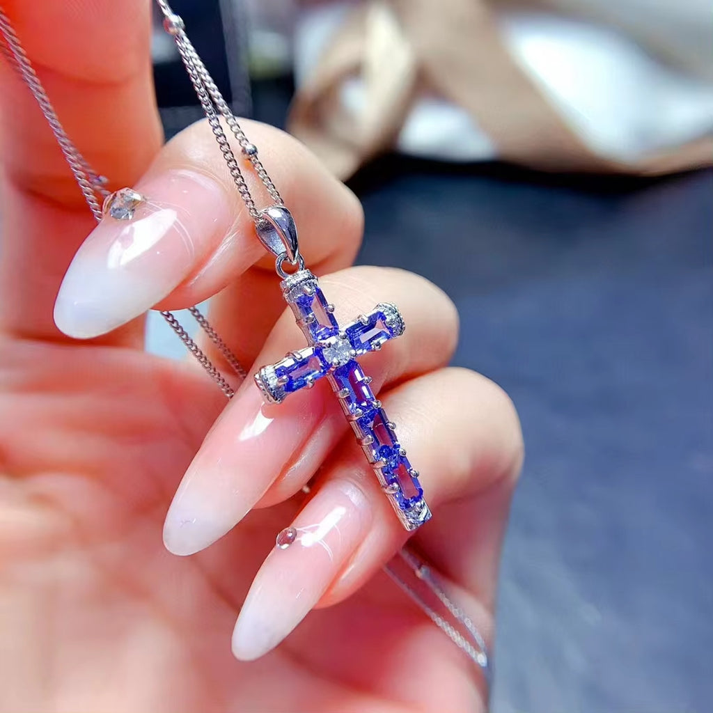 Purple Tanzanite Cross Necklace, Gemstone Cross Necklace 925 Sterling Silver