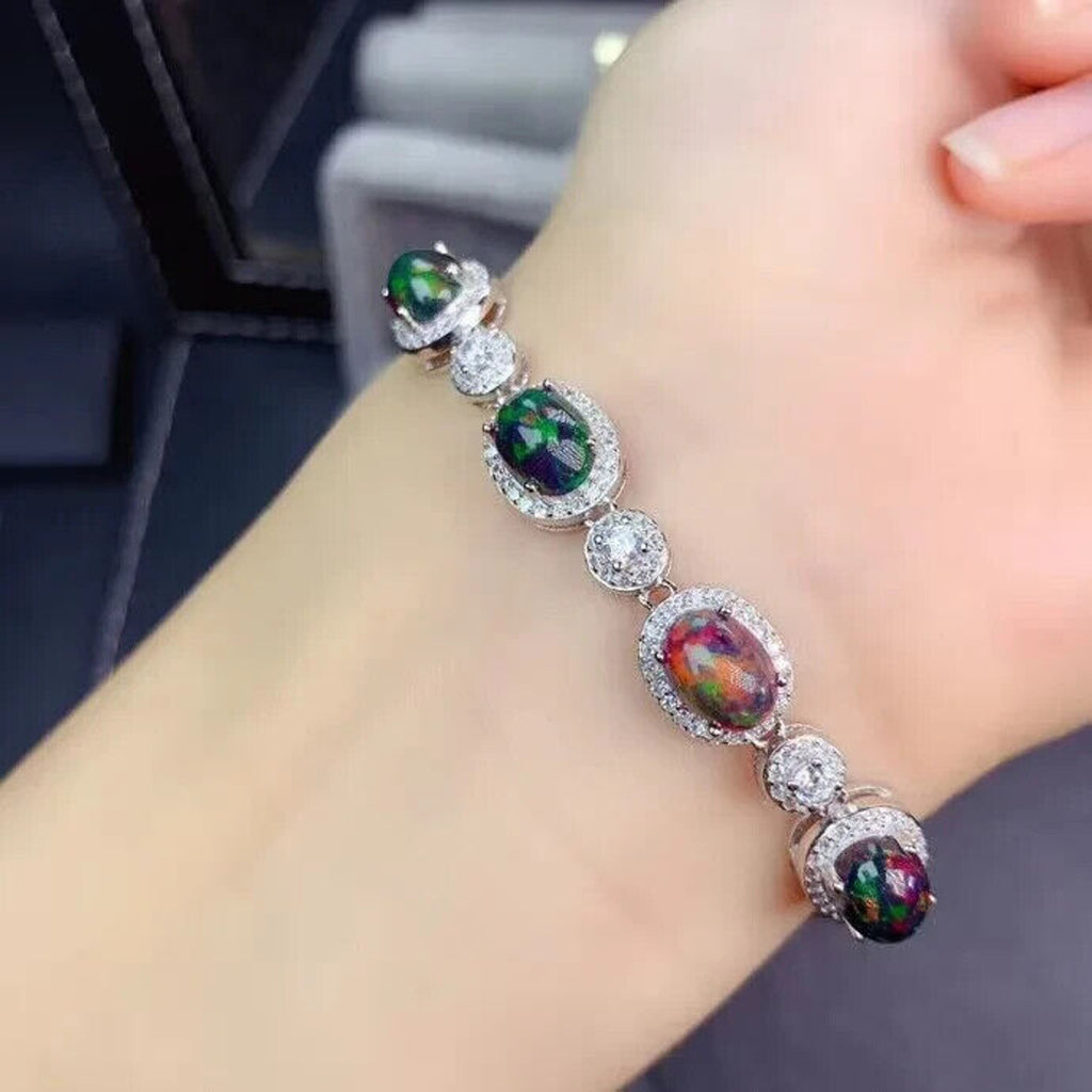 Black Fire Opal Bracelet 925 Sterling Silver, Black Opal Chain Bracelet 6x8mm