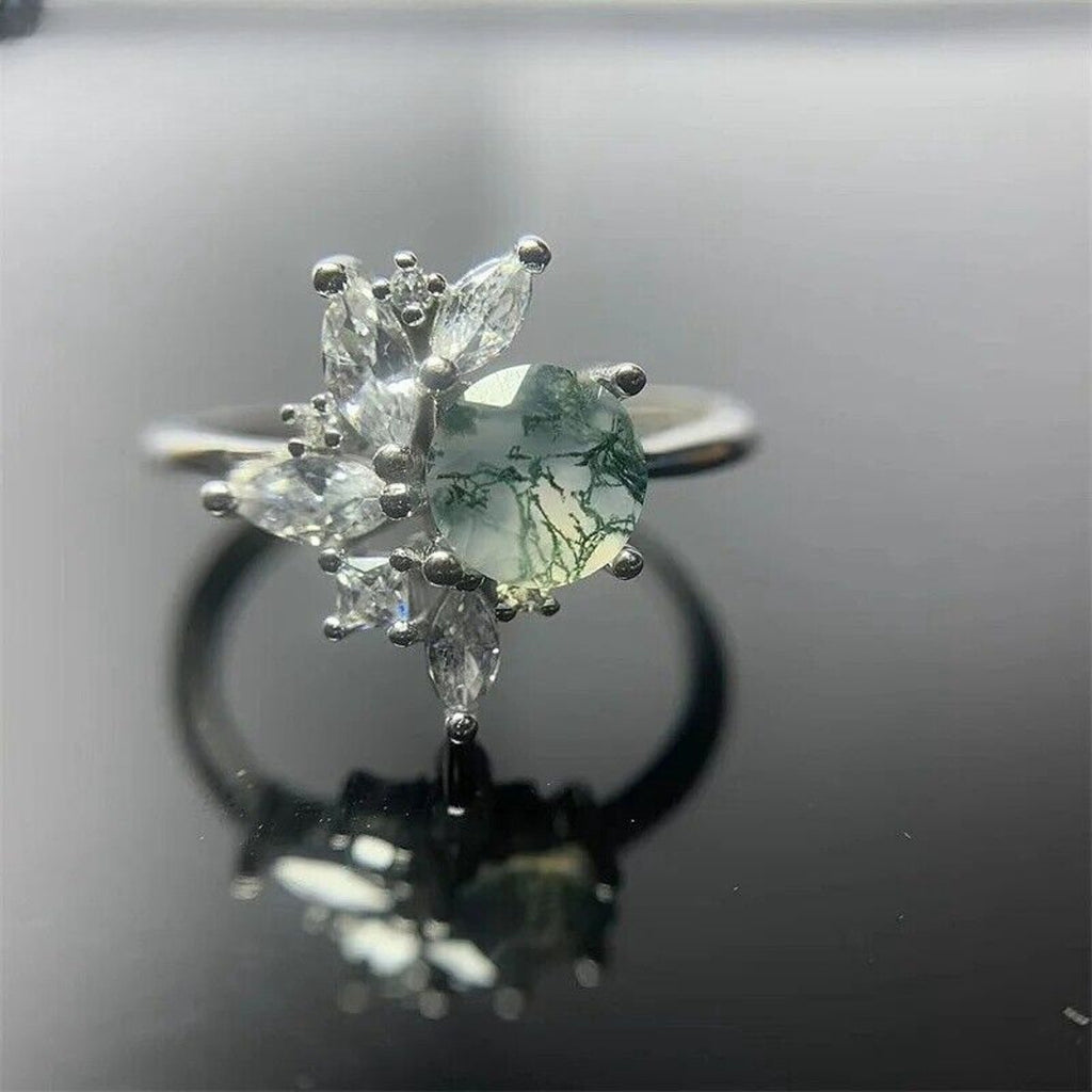 Moss Agate Cluster Ring, Natural Moss Agate Cocktail Ring, Green Moss Agate