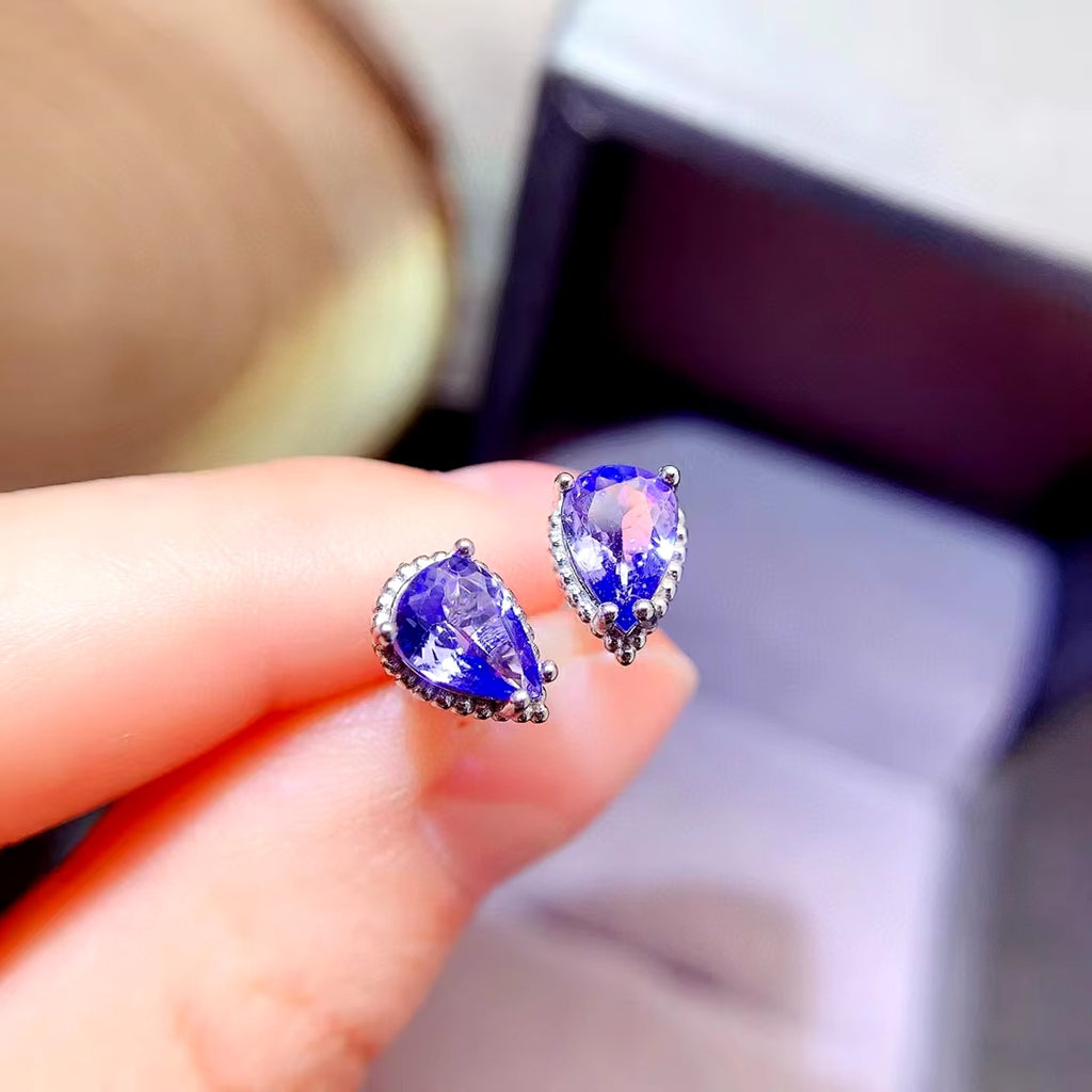 Natural Tanzanite Stud Earrings, Purple Tanzanite Pear Cut Earrings 5x7mm