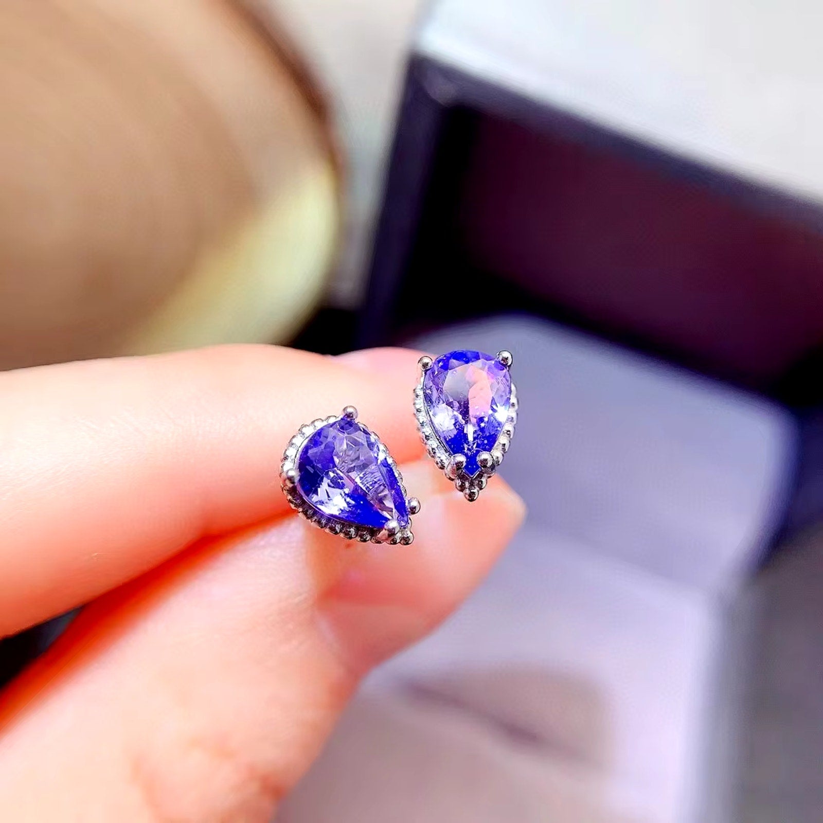 Natural Tanzanite Stud Earrings, Purple Tanzanite Pear Cut Earrings 5x7mm