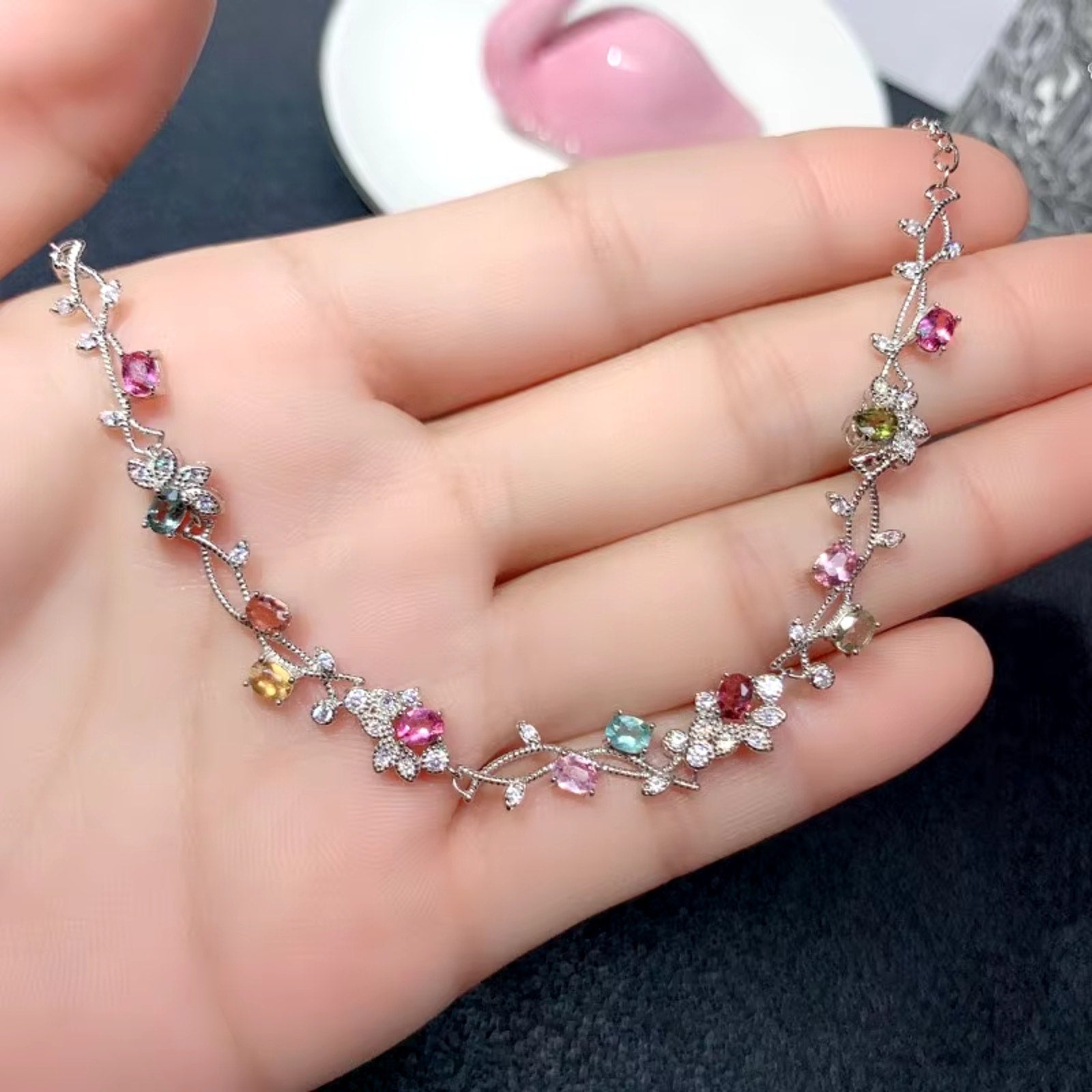 Natural Brazilian Tourmaline Tennis Bracelet, Tourmaline Flower Bracelet