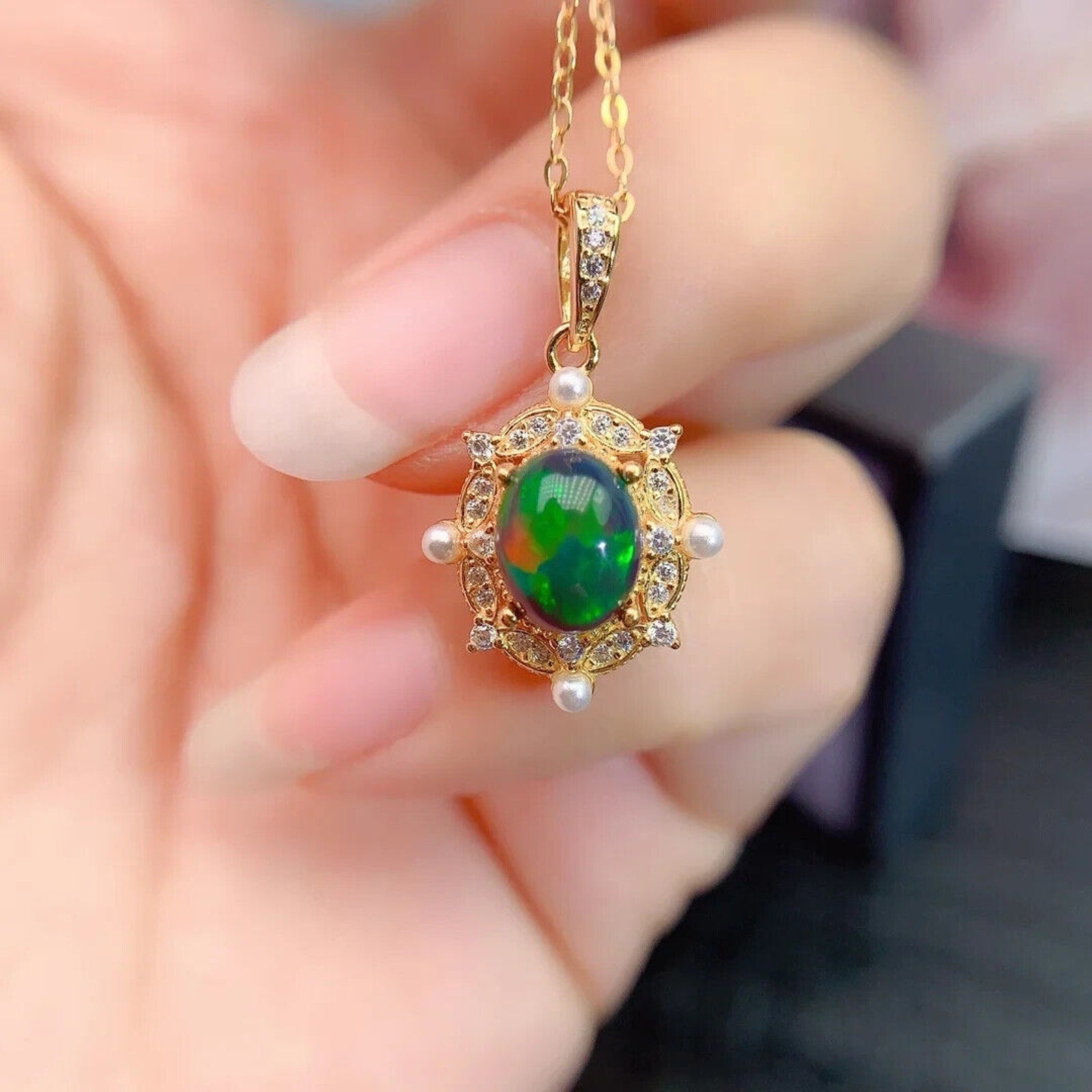 Black Fire Opal Nautical Pendant Necklace, Black Opal and Faux Pearl Necklace