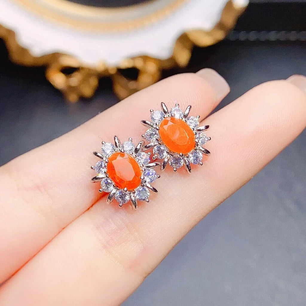 Orange Fire Opal Stud Earrings 5x7mm, Natural Orange Fire Opal Earrings