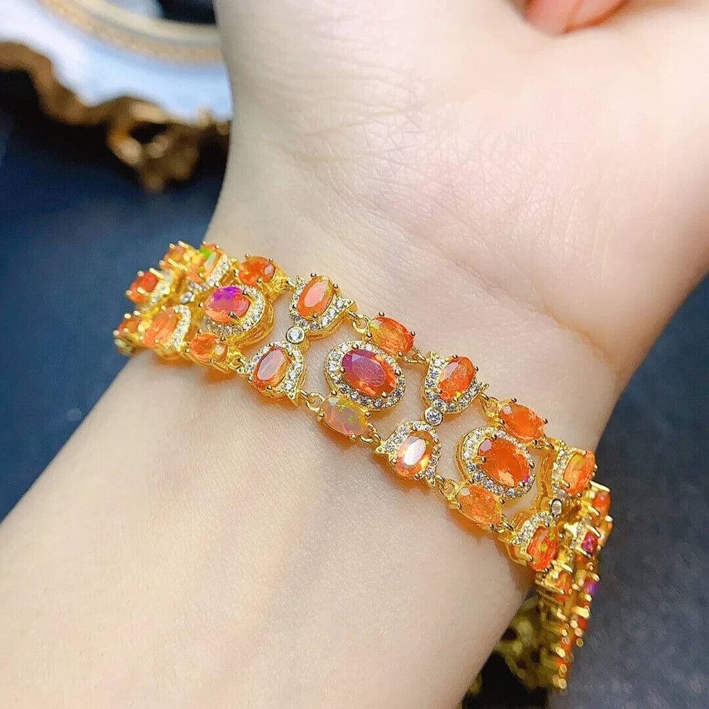 Mexican Orange Fire Opal Gemstone Bracelet, Orange Fire Opal Tennis Bracelet