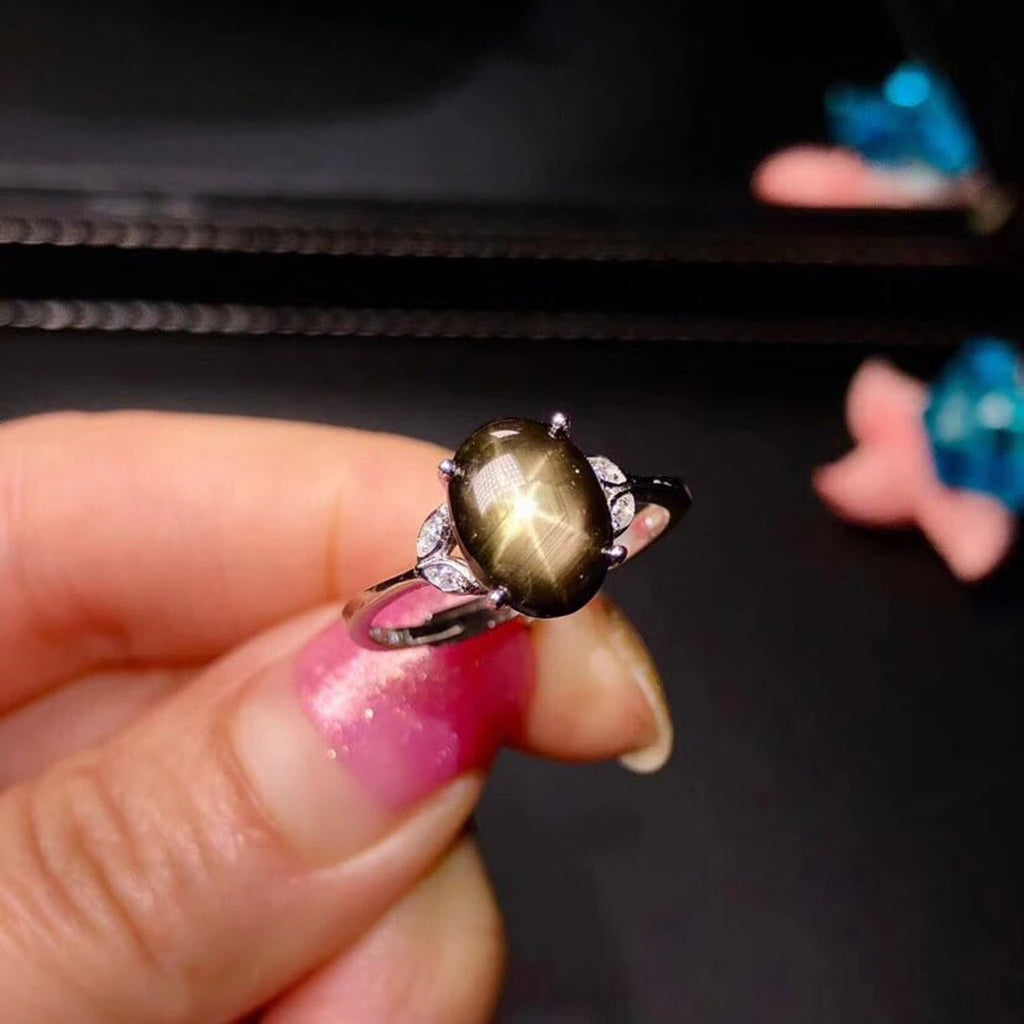 Natural Gray Star Sapphire Ring, 6x8mm Gray Star Sapphire Ring with Zirconia