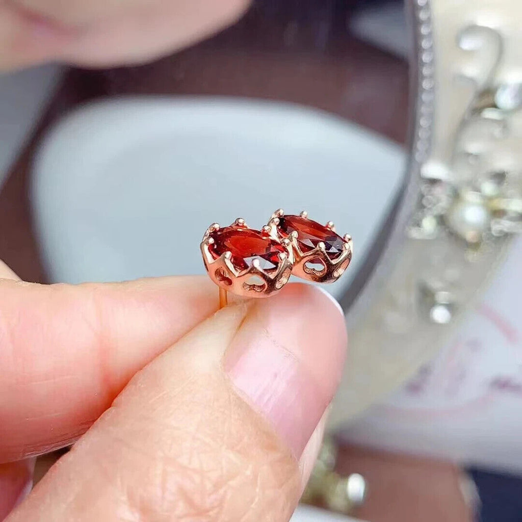 Natural Red Garnet Stud Earrings 6x8mm Platinum Plated, Red Garnet Stud Earrings