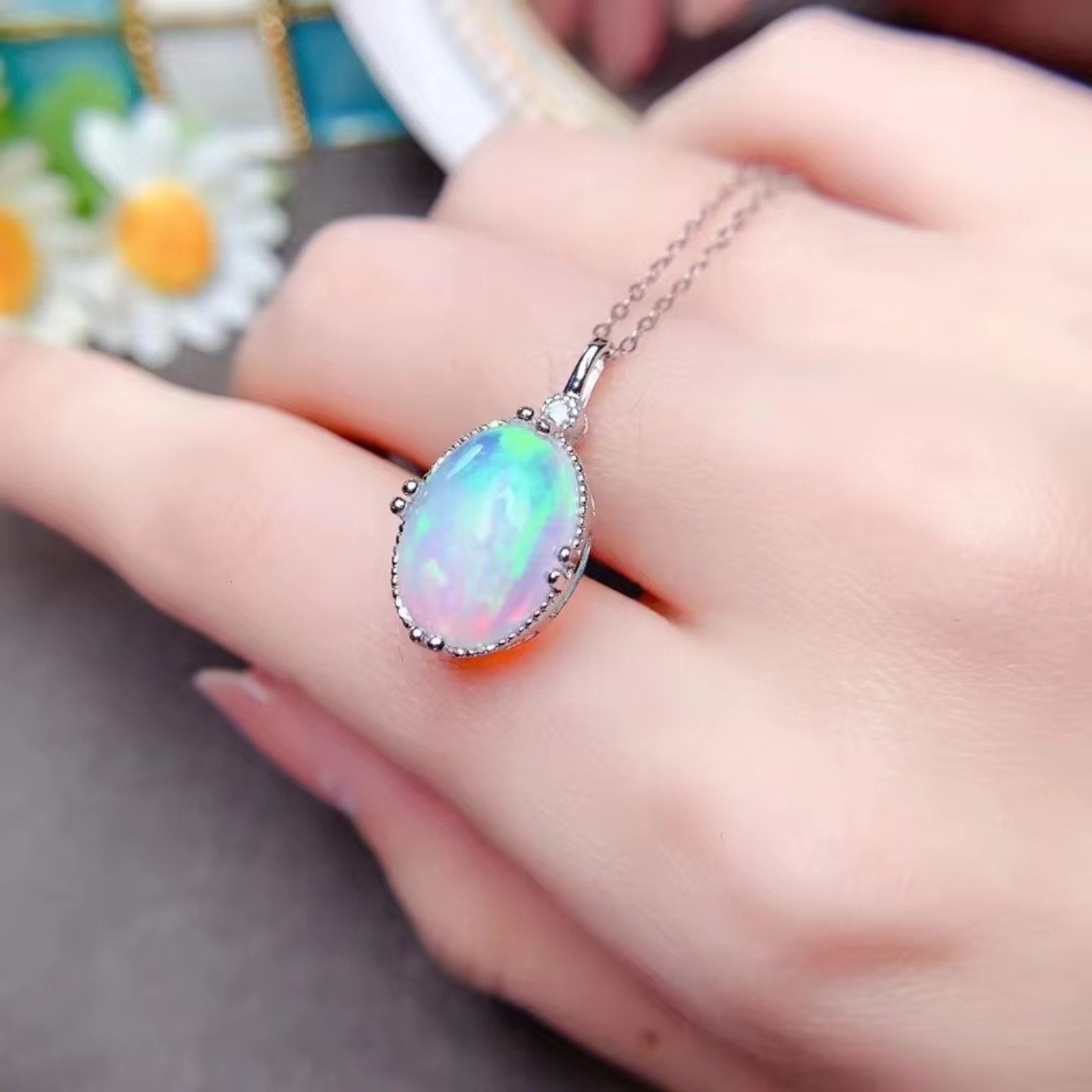 Large 10Ct White Opal Stone Pendant Droplet Fire Opal Necklace Sterling Silver