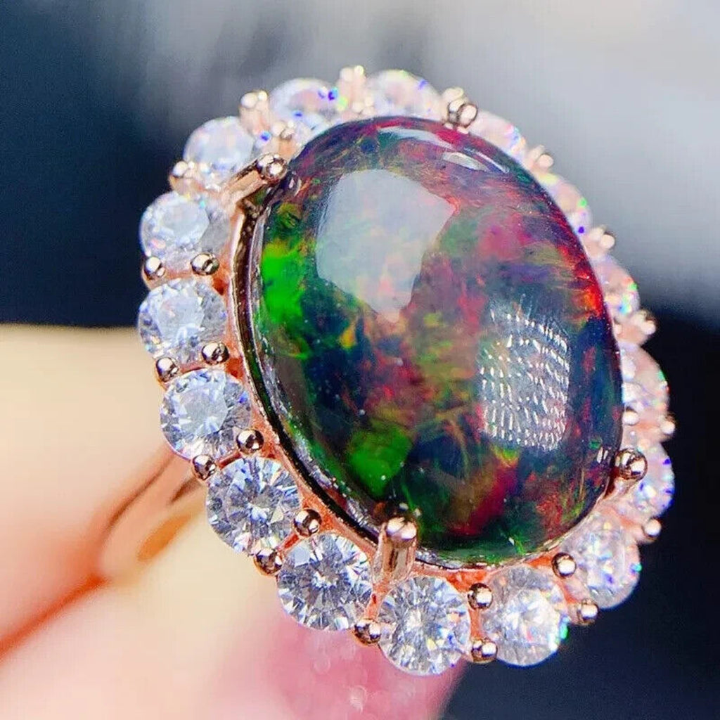 Huge Black Fire Opal Statement Ring 12x16mm 7CT, Natural Fire Opal Ring
