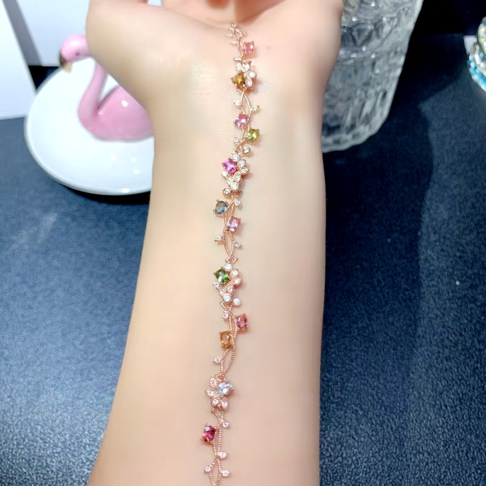 Natural Brazilian Tourmaline Tennis Bracelet, Tourmaline Flower Bracelet