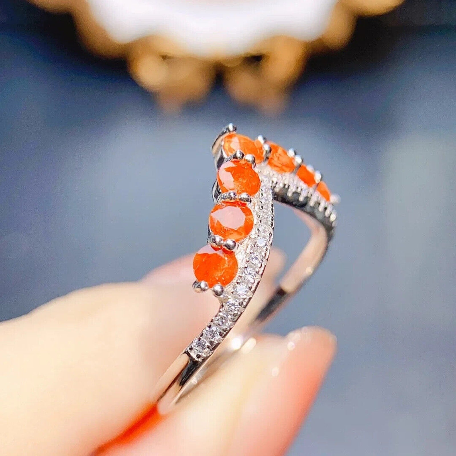 Orange Fire Opal Wedding Band Ring, Natural Orange Opal Engagement Ring