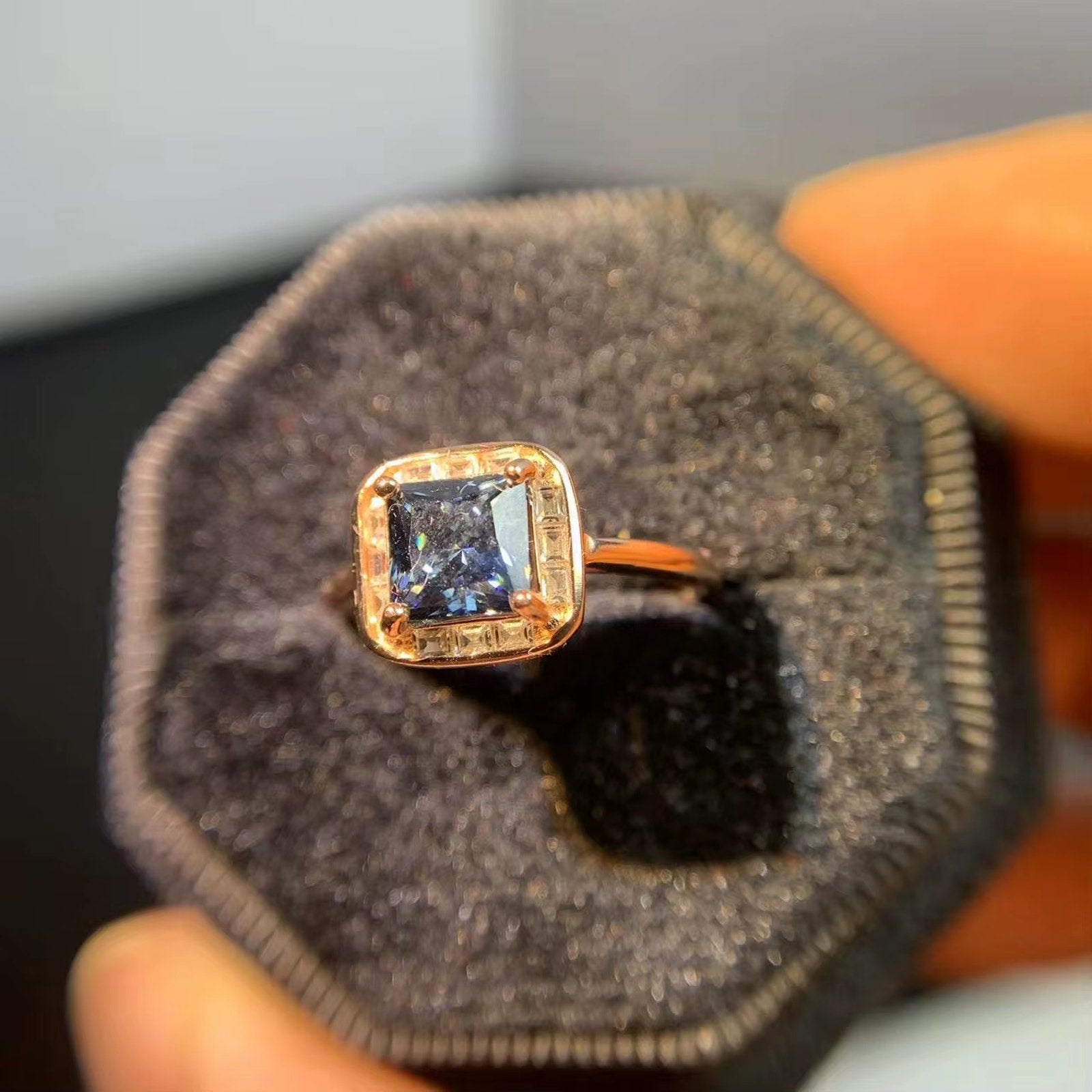 VVS1 1CT Asscher Cut Gray Moissanite Ring 5.5mm