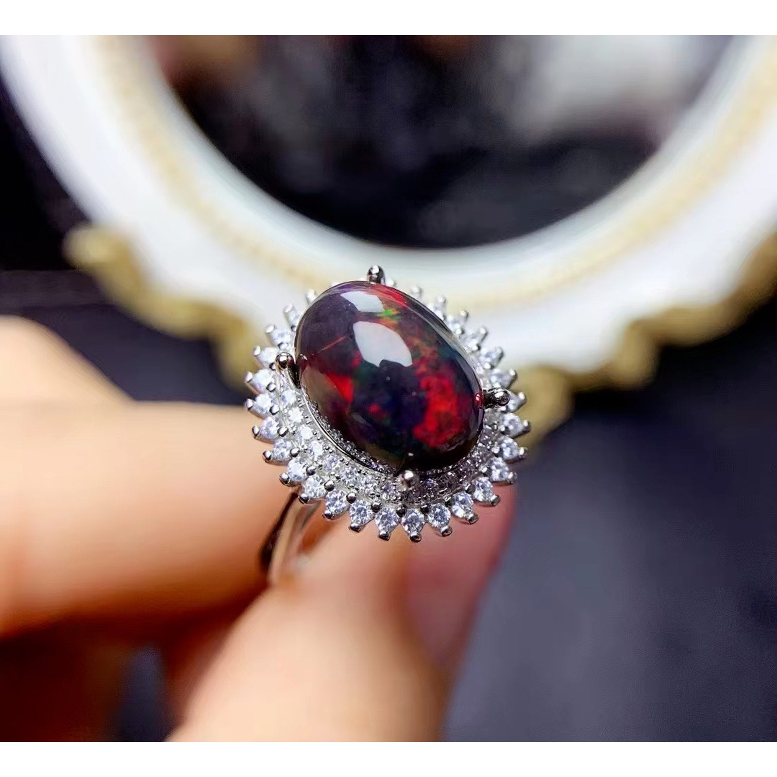 Black Opal Statement Ring, Australian Fire Opal Ring Sterling Silver 10x12mm