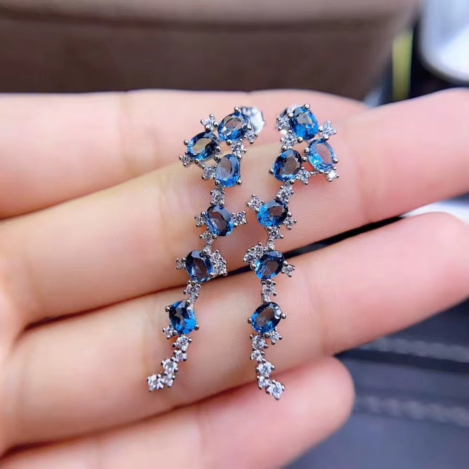 London Blue Topaz Cluster Earrings 925 Sterling Silver 3x4mm