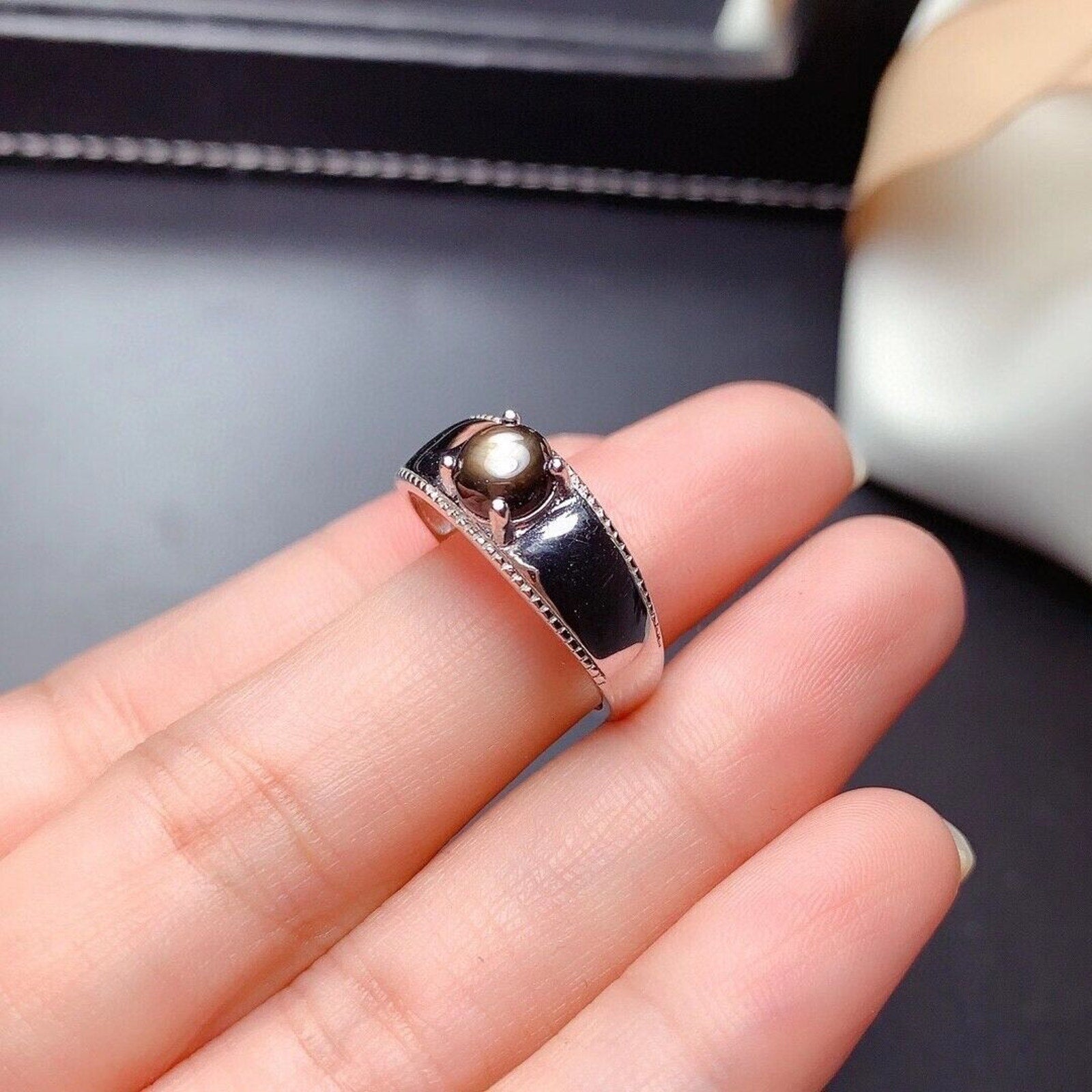 Natural Gray Star Sapphire Sterling Silver Band Ring, Star Sapphire Ring