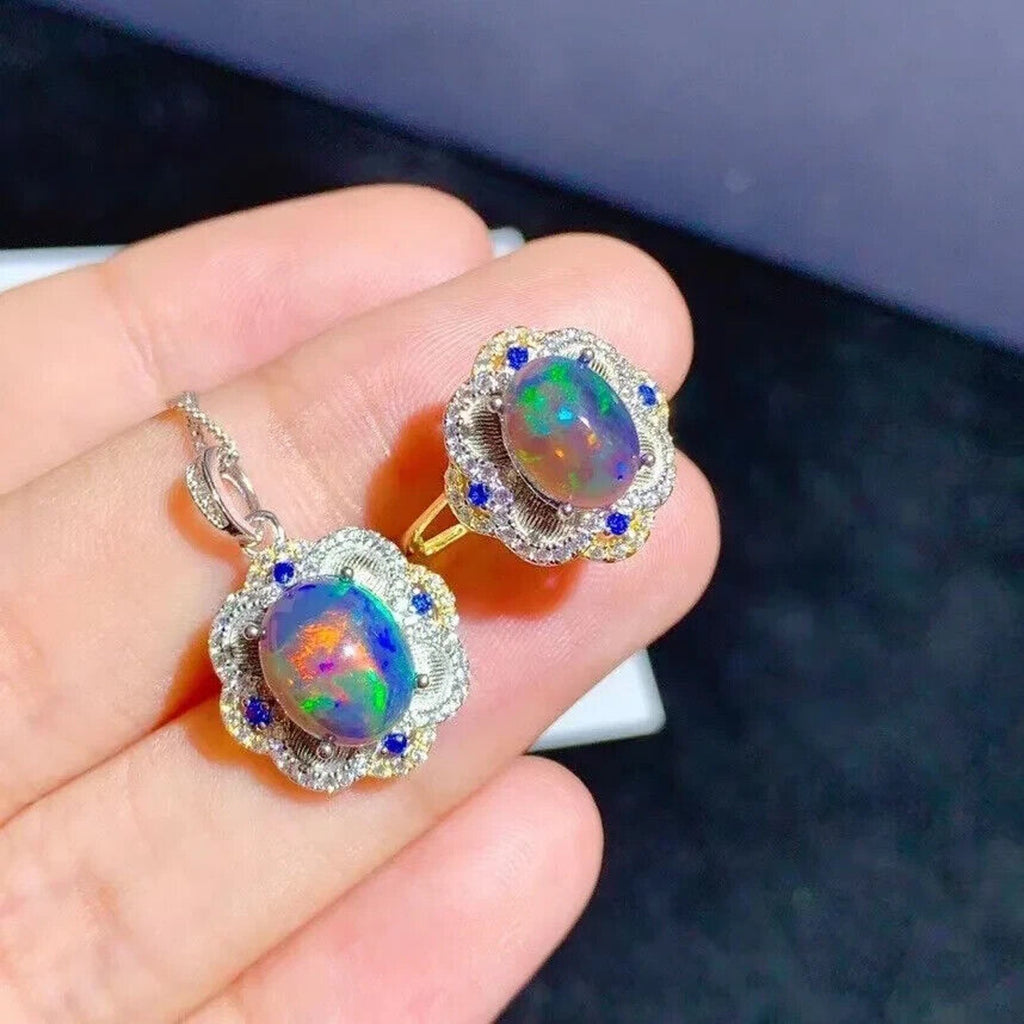 Natural Black Opal Jewelry Set 8x10mm, Colorful Fire Opal Pendant and Ring Set