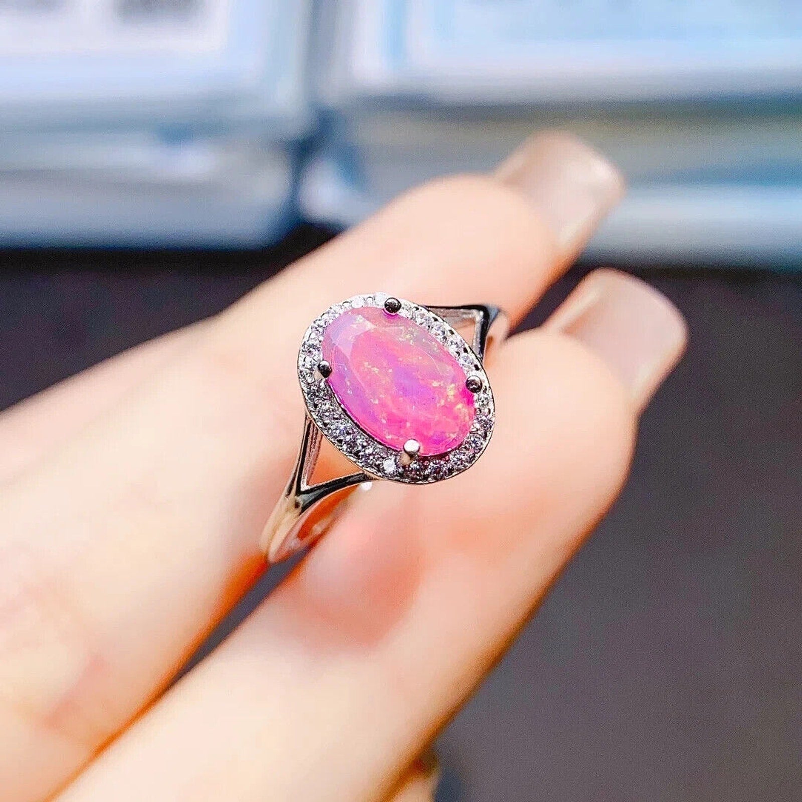Natural Pink Fire Opal Cocktail Ring 6x9mm, Pink Opal Ring Sterling Silver