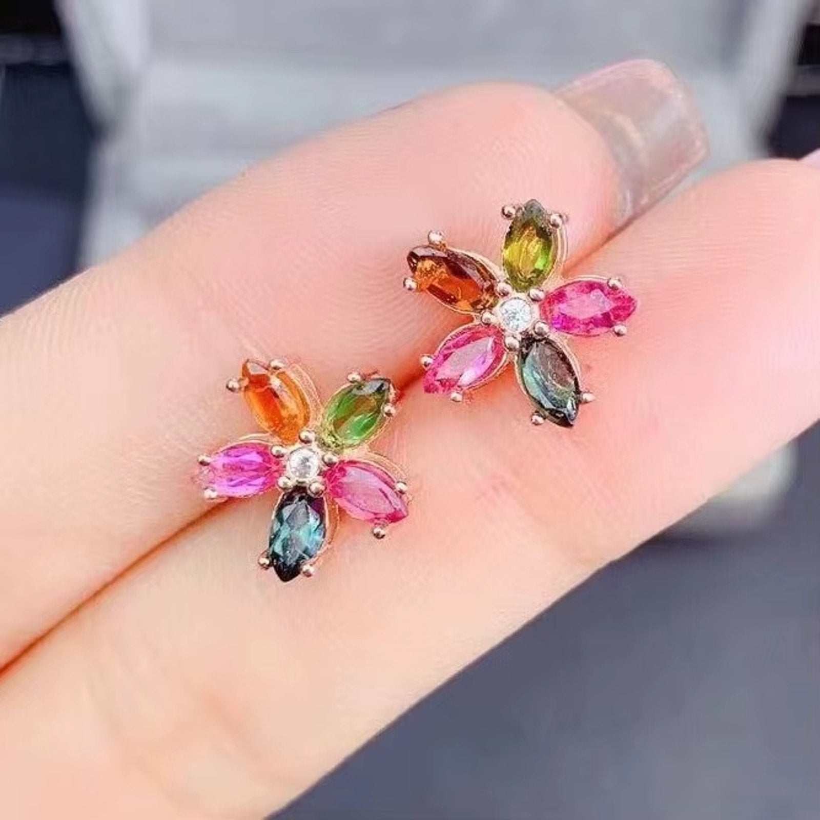 Dainty Tourmaline Earrings, Natural Tourmaline Stud Earrings 925 Sterling Silver