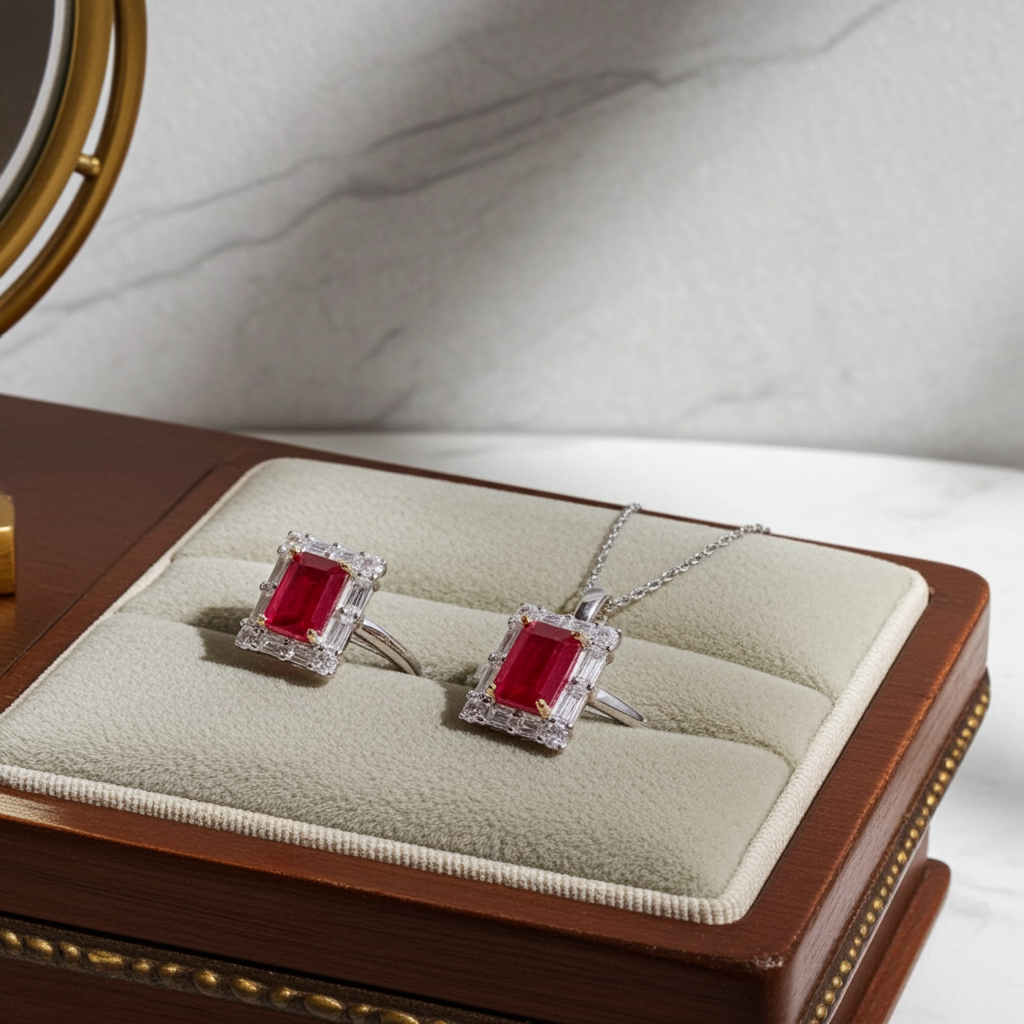 Natural Ruby Jewelry Set, Women's Ruby Pendant and Ring, Ruby Ring and Pendant
