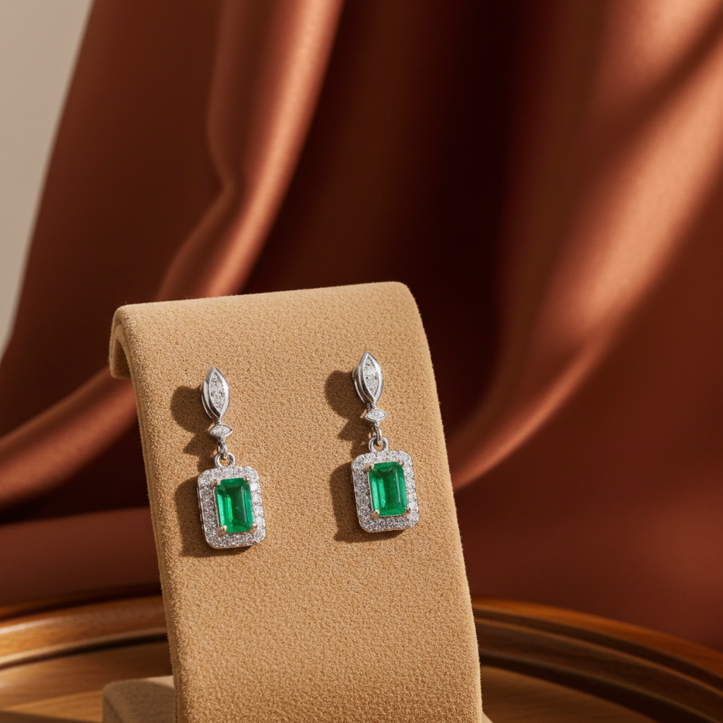 Emerald Cut Colombian Emerald Dangle Earrings 3x5mm