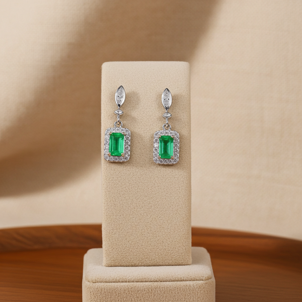 Emerald Cut Colombian Emerald Dangle Earrings 3x5mm