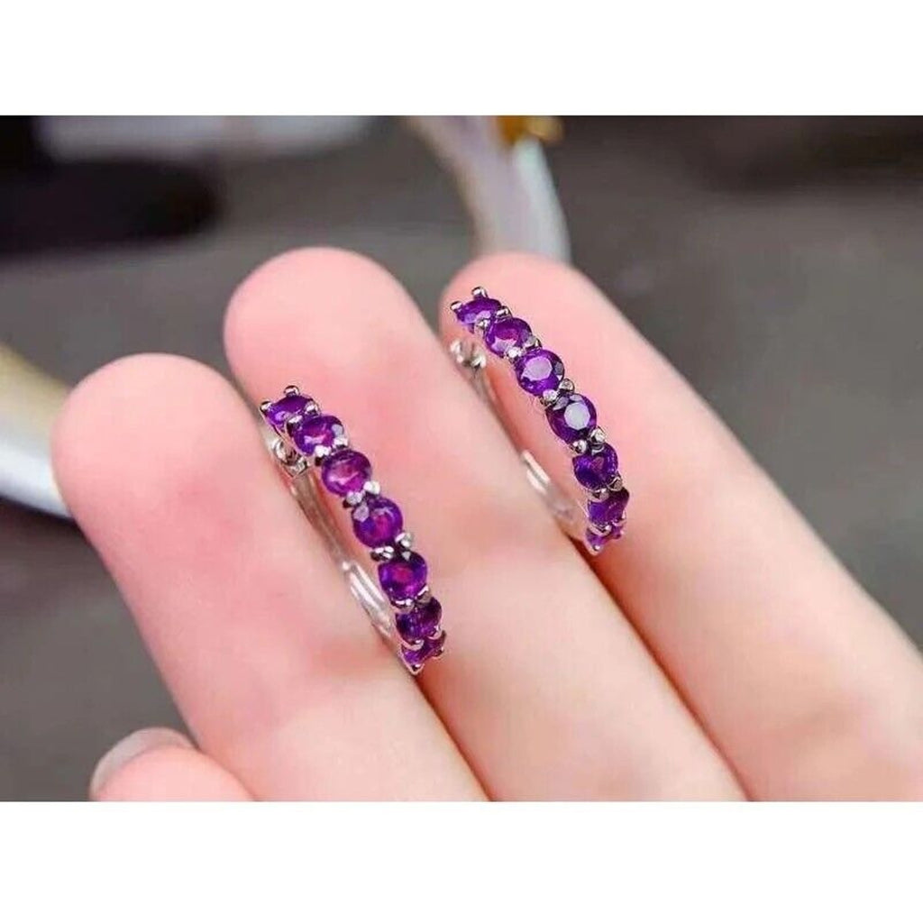 Natural Amethyst Hoop Earrings Platinum Plated 3mm, Amethyst Earrings Silver