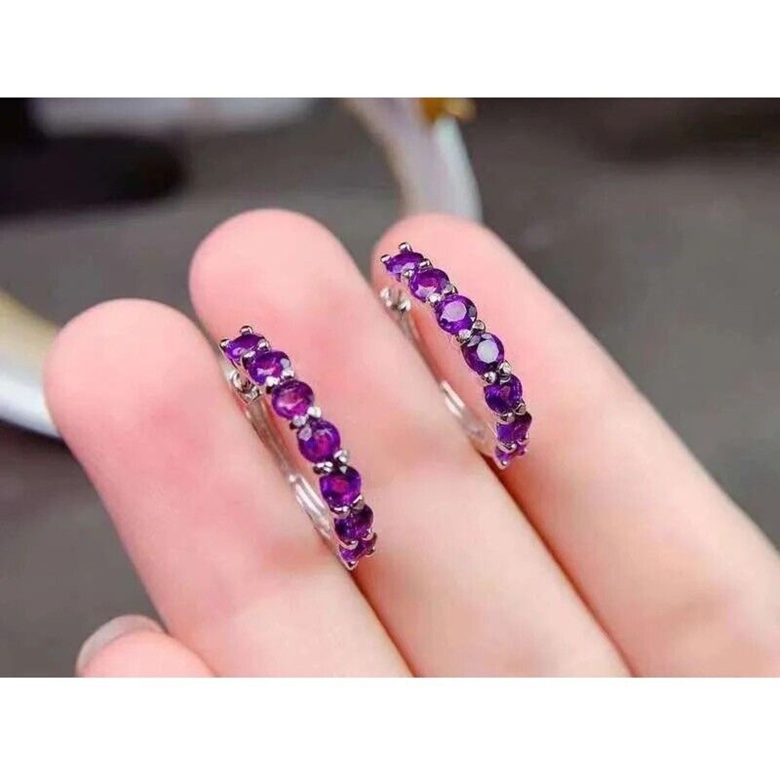 Natural Amethyst Hoop Earrings Platinum Plated 3mm, Amethyst Earrings Silver