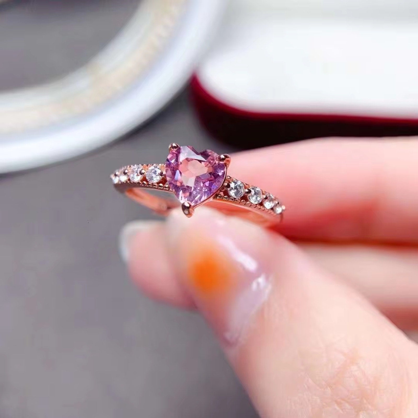 Pink Powder Tourmaline Heart Ring, Natural Pink Tourmaline Gemstone Ring