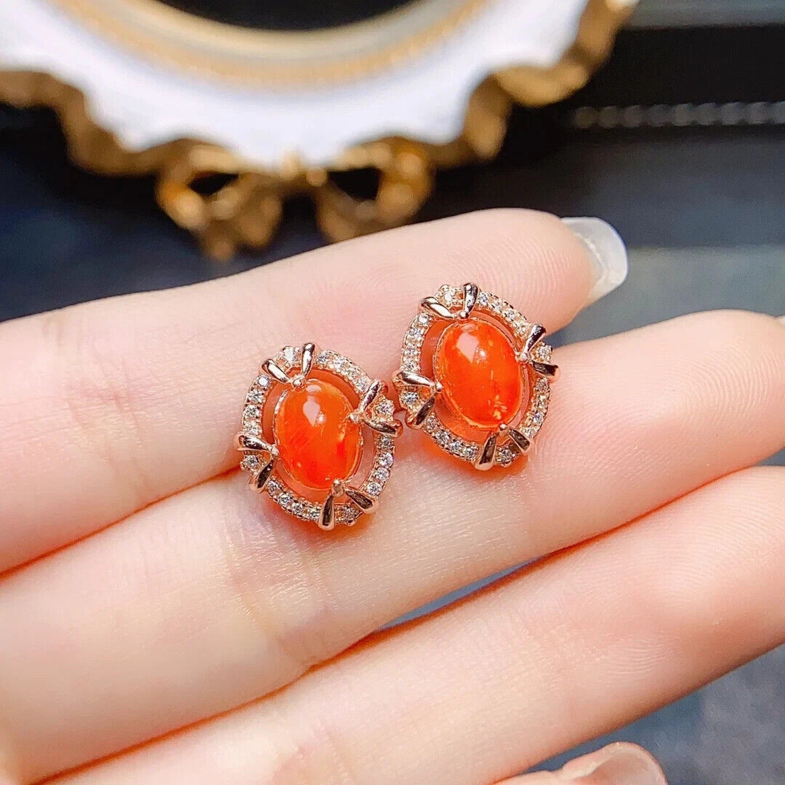 Orange Fire Opal Stud Earrings, Natural Orange Opal Stud Earrings 6x8mm