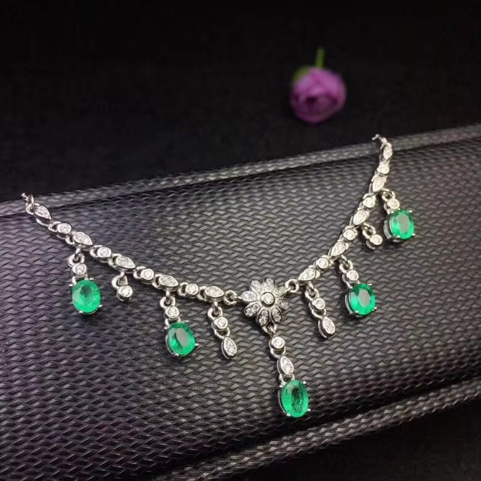 Natural Emerald Charm Necklace 4x5mm, Natural Emerald Necklace Sterling Silver