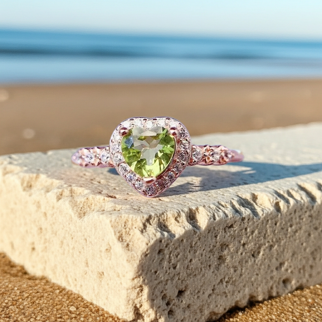Natural Peridot Gemstone Heart Ring 6mm, August Birthstone Peridot Ring