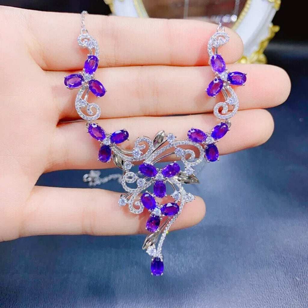 Purple Amethyst Statement Necklace, Amethyst Gemstone Necklace Sterling Silver
