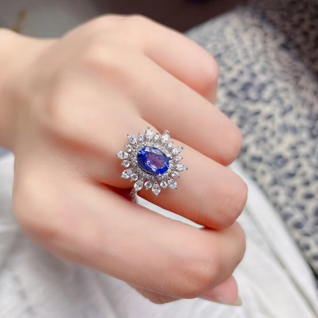 Tanzanite Ring, Natural Tanzanite Cluster Ring, Purple Tanzanite Ring 6x8mm