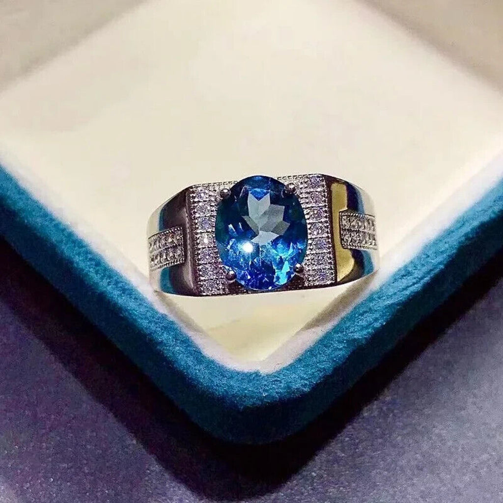 Men's London Blue Topaz Cocktail Ring, Men's Blue Gemstone Ring's Sterling
