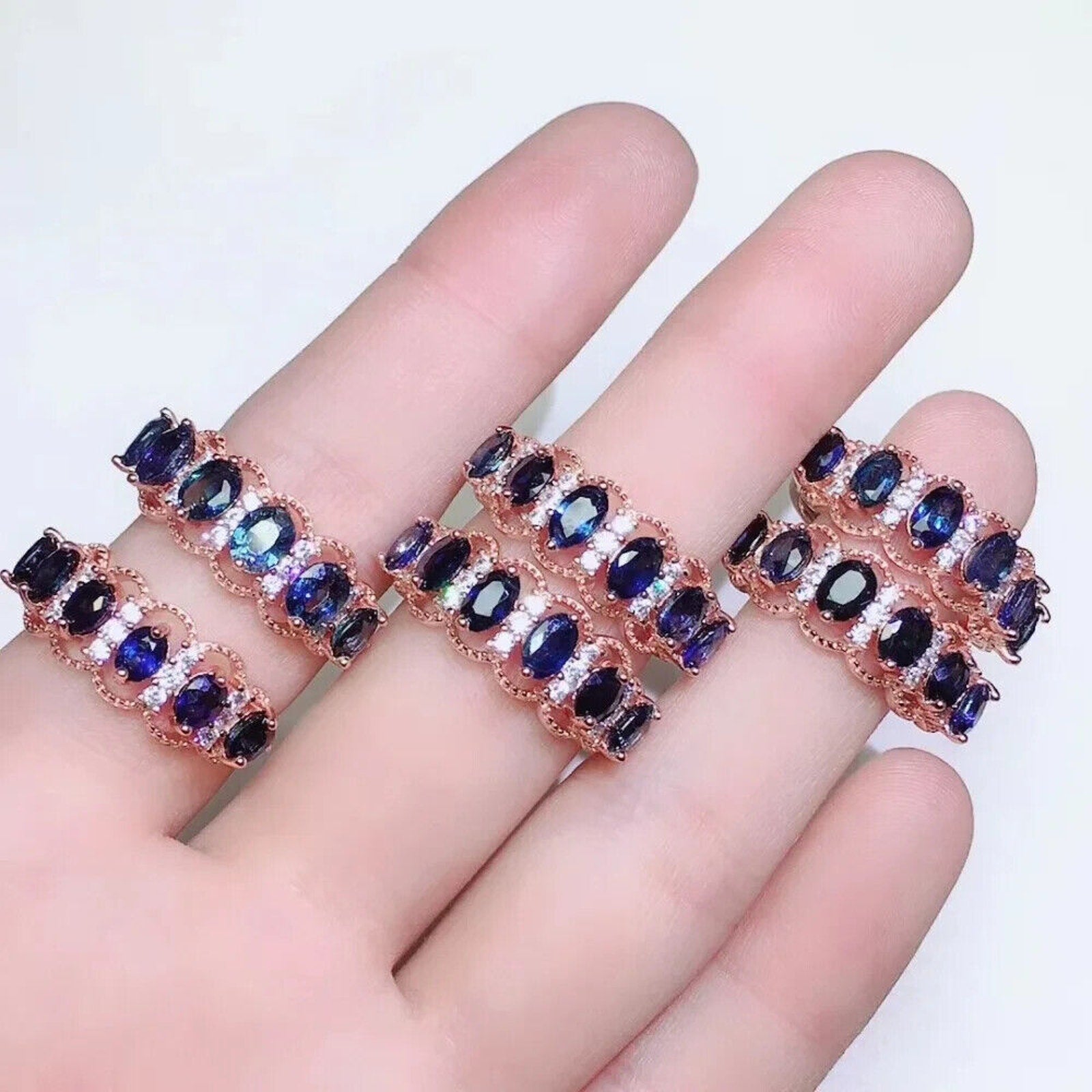 Natural Sapphire Band Ring, Sapphire Lace Ring 925 Sterling Silver 3x4mm