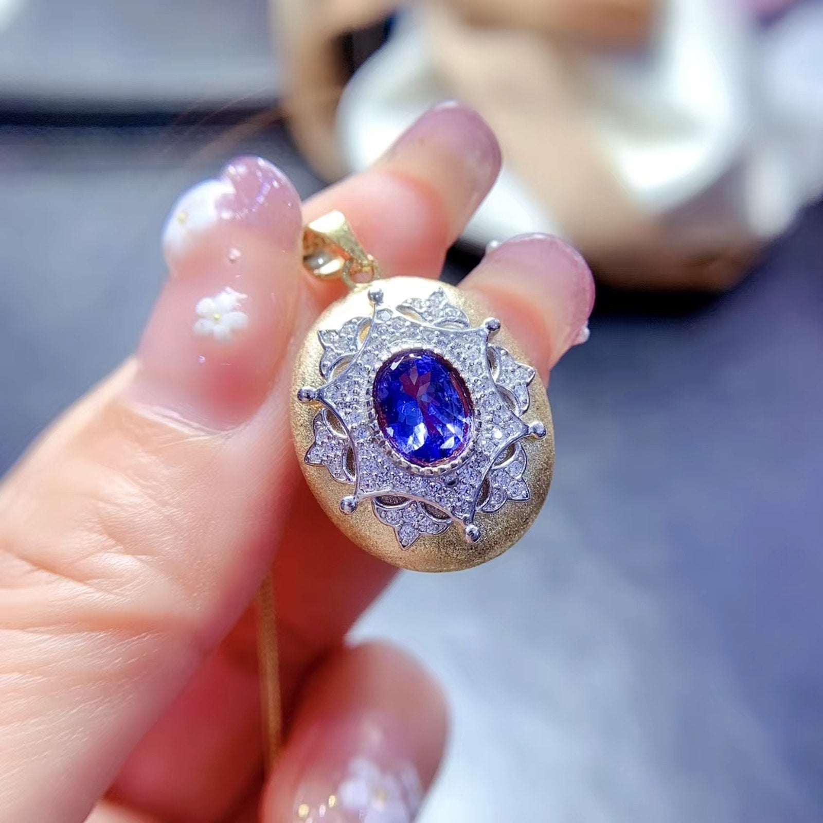 Tanzanite Pendant Necklace, Natural Purple Tanzanite Gemstone Necklace 6x8mm