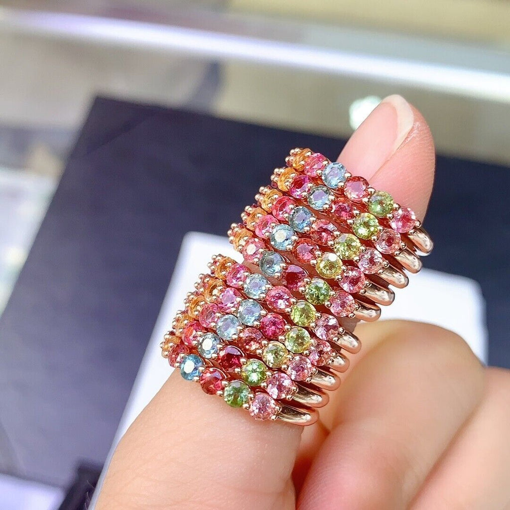 Natural Tourmaline Gemstone Band Ring, Women's Multicolor Tourmaline Band Ring