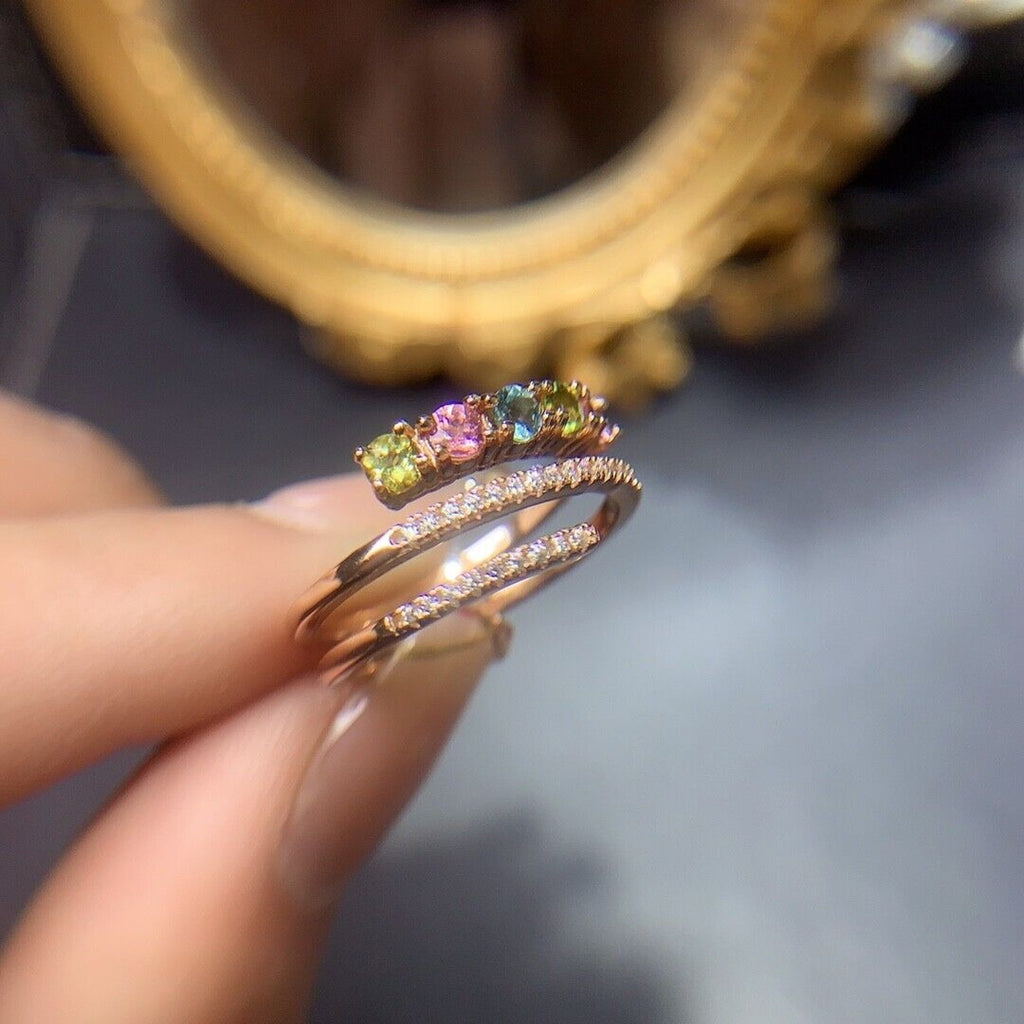 Natural Tourmaline Gemstone Statement Ring, Multicolor Tourmaline Ring Sterling