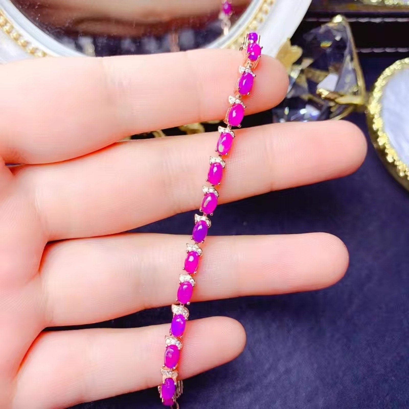 Purple Fire Opal Bracelet, Natural Fire Opal Tennis Bracelet Purple Opal