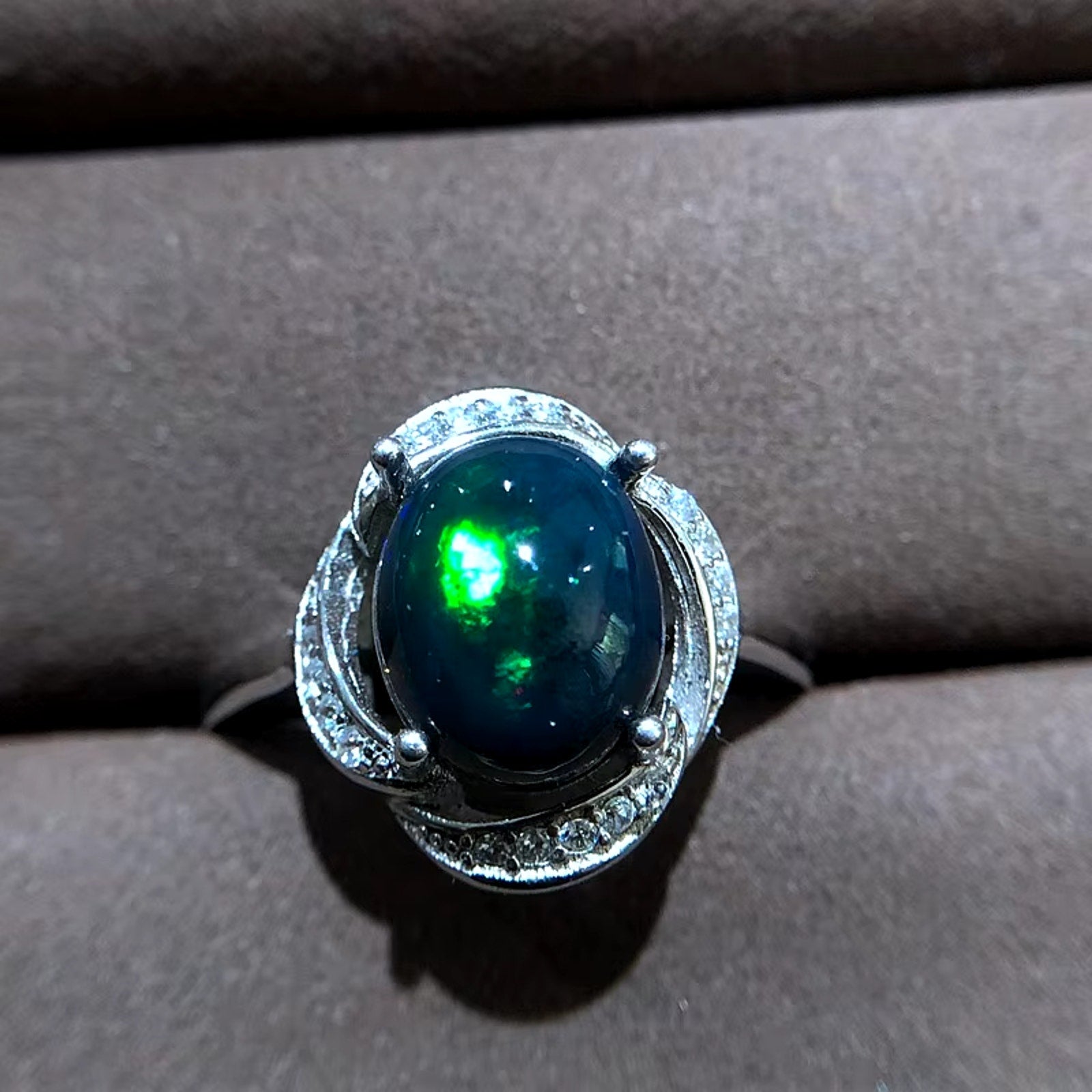 Black Fire Opal Ring, Australian Fire Opal Statement Ring Sterling Silver 8x10mm