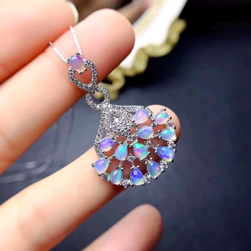 Fire Opal Cluster Pendant Necklace 925 Sterling Silver
