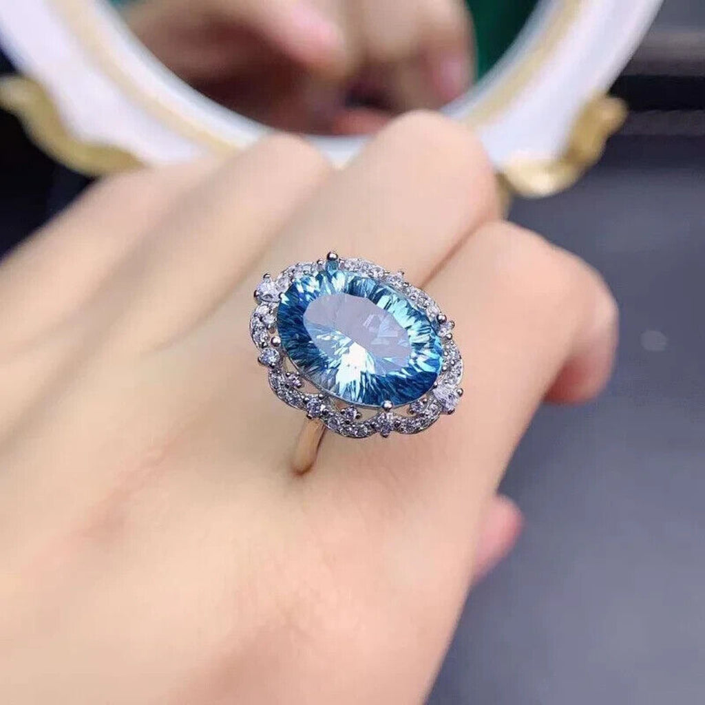 Natural Blue Topaz Gemstone Ring 10x14mm, Large Blue Topaz Cocktail Ring