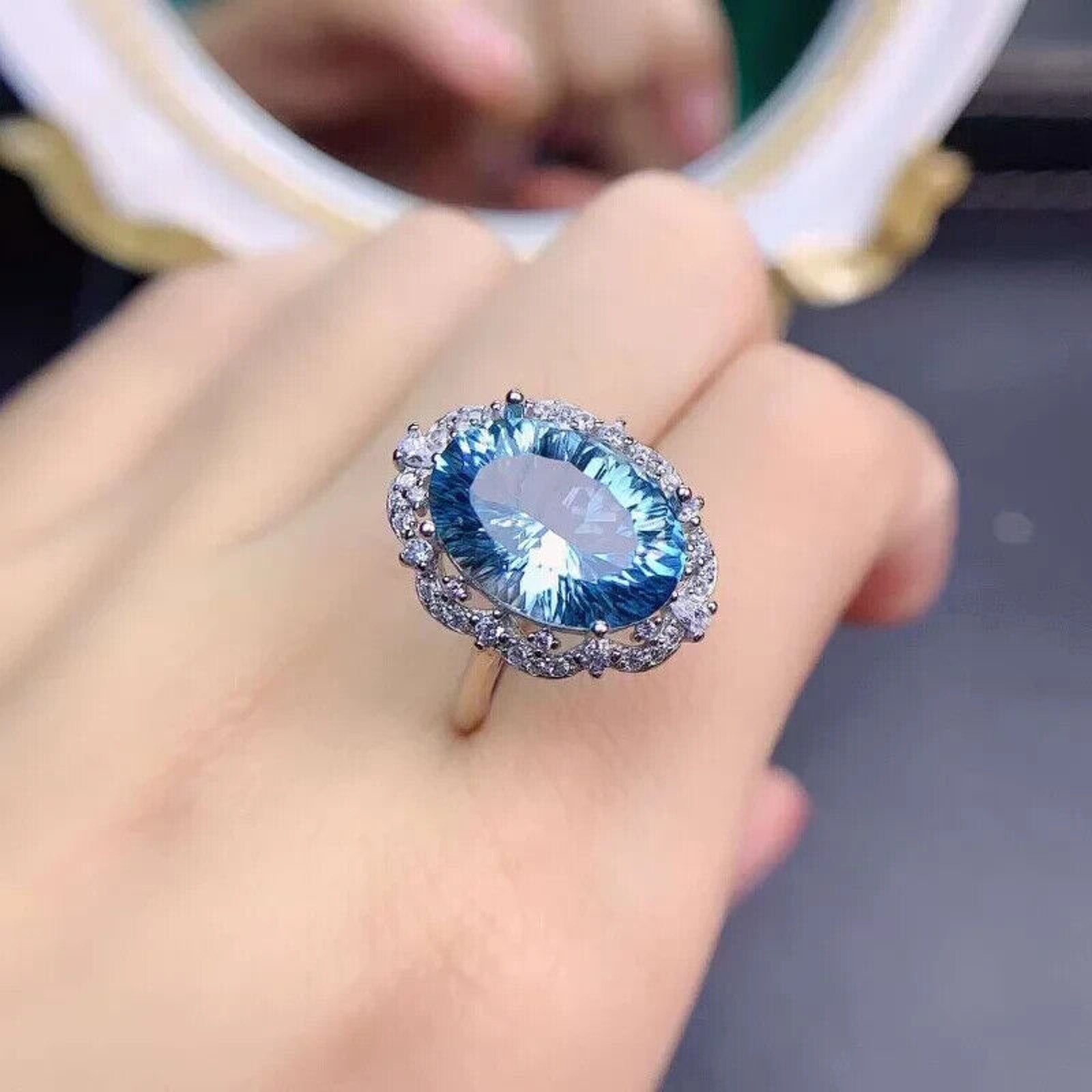 Natural Blue Topaz Gemstone Ring 10x14mm, Large Blue Topaz Cocktail Ring