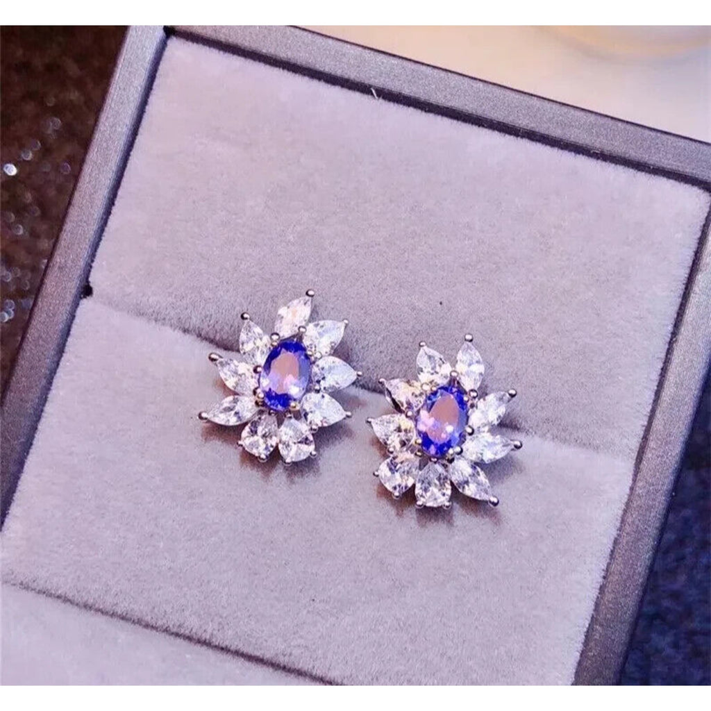 VVS1 Purple Tanzanite Cluster Stud Earrings 4x6mm, Tanzanite Stud Earrings