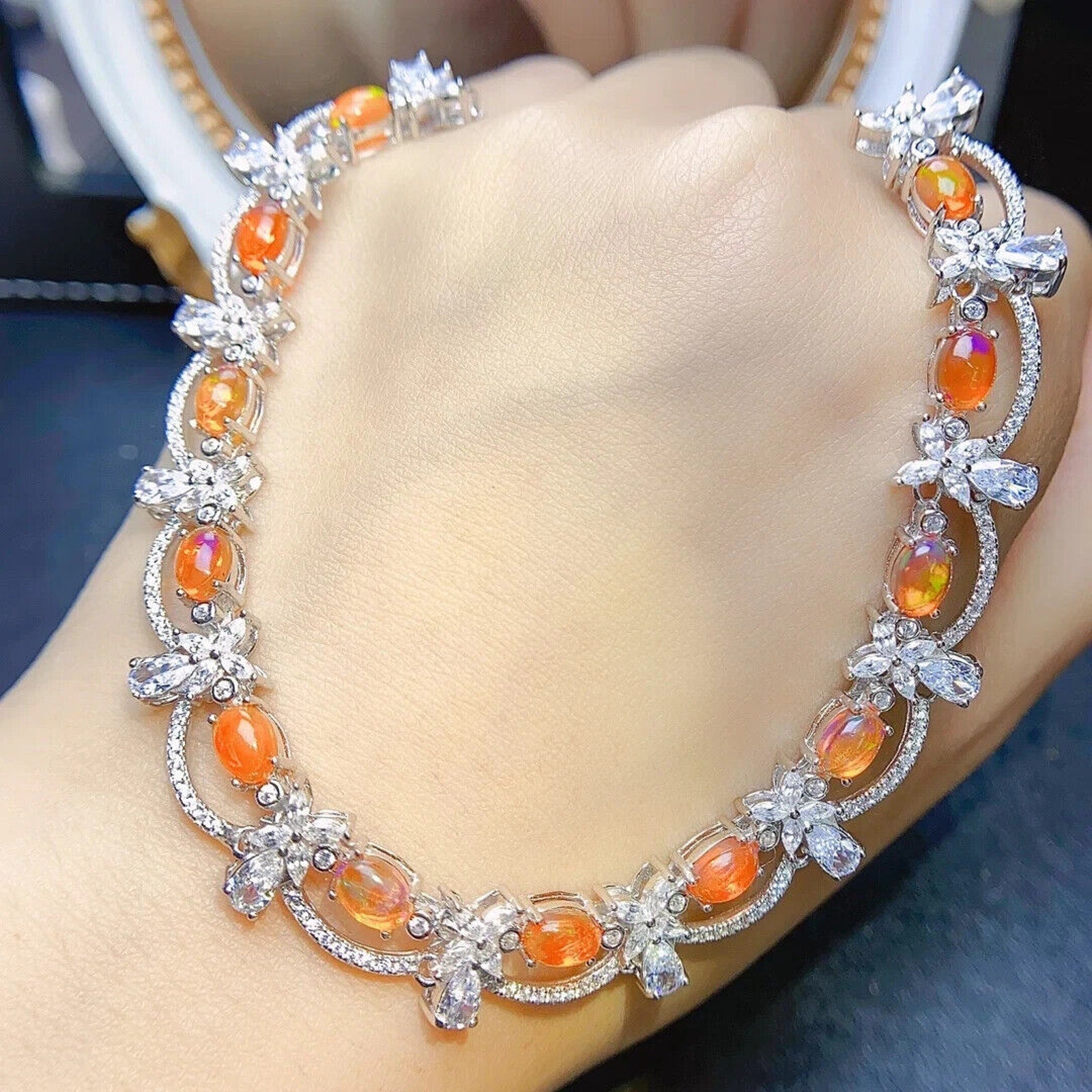 Orange Fire Opal Collar Necklace, Natural Orange Opal Statment Necklace