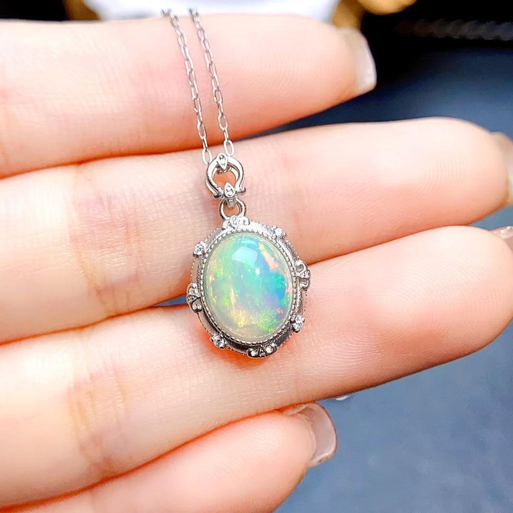 Natural Fire Opal Pendant Necklace, Women's Opal Pendant Necklace 8x10mm