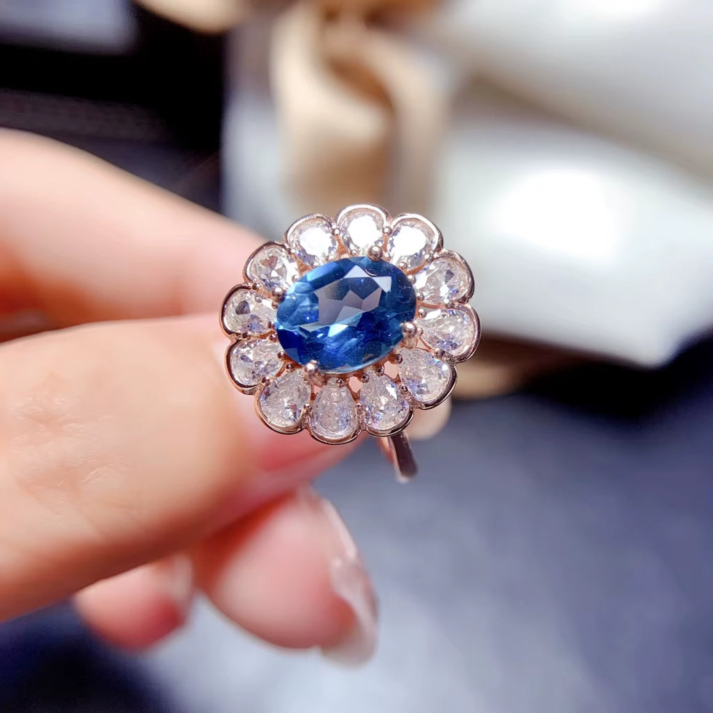 1.25 CT Oval Cut London Blue Topaz Halo Engagement Ring 925 Sterling Silver