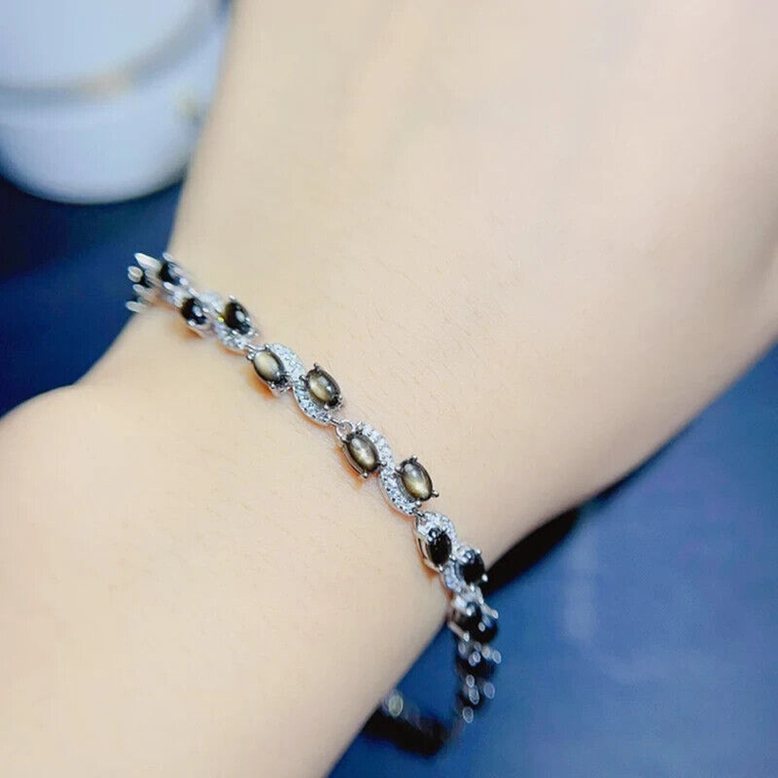 Star Sapphire Bracelet, Natural Star Sapphire Tennis Bracelet 925 Sterling