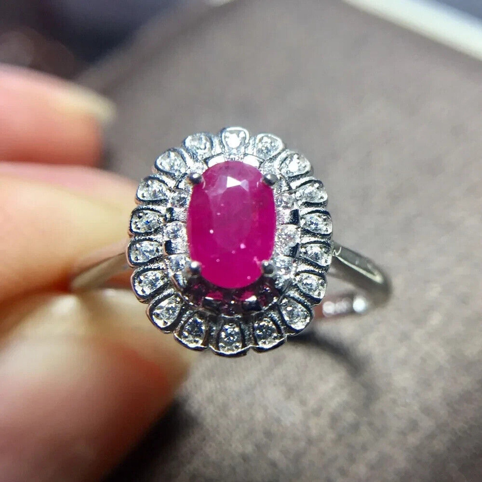 Natural Pink Ruby Ring 4x6mm, Burma Ruby Cluster Ring, Genuine Ruby Ring